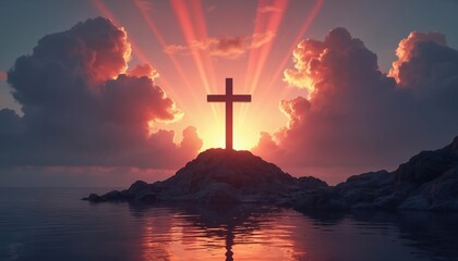 Dramatic sky with bright sunlight rays from behind cross on mount near water. Light illuminates clouds. Faith concept image. Religion theme background. Christian symbol on a sunset background.