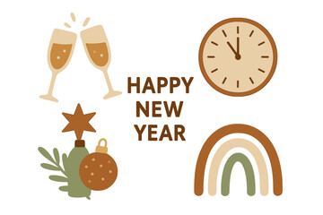 A boho abstract icon set celebrating the Happy New Year, featuring a trending Christmas party clip art collection in hand‑drawn style with champagne, a clock, Christmas accessories, and a