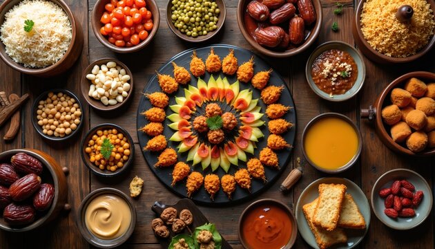 Ramadan Iftar table setting with food bowls. Eid Mubarak celebration concept with dates. Various dishes present Middle Eastern culture. Delicious appetizers for festive gathering on wooden table.