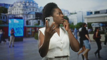 Woman holding smartphone with finger to chin gesture in street near building; thoughtful reflection.