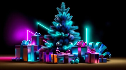 A Christmas tree surrounded by presents on a dark background