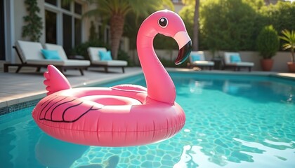 Pink flamingo inflatable floats in clear blue swimming pool water. Lounge chairs with blue cushions sit on sunlit poolside. Palm trees surround luxury backyard.