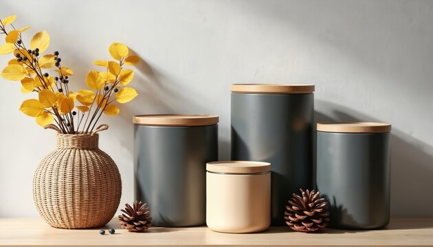 Modern kitchen canisters with wood lids on table. Wicker vase with yellow leaves and pine cones add rustic autumn decor. Minimalist home organization items.