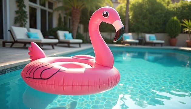 Pink flamingo inflatable floats in clear blue swimming pool water. Lounge chairs with blue cushions sit on sunlit poolside. Palm trees surround luxury backyard.