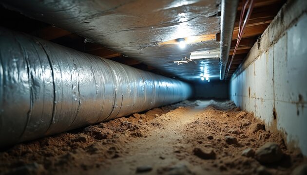 Crawl space under house with foil insulation, exposed earth. Large metal ducts for ventilation system, concrete supports. Light bulb illuminates dirt floor with rocks, unfinished construction.