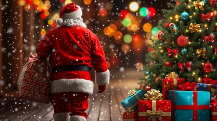 A santa claus walking towards a christmas tree with presents