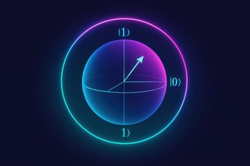 Abstract representation of quantum states in a spherical coordinate system showcasing quantum mechanics concepts with vibrant blue and pink neon colors illuminating the dimensional geometry