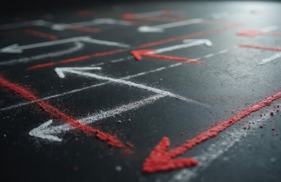 Football game strategy drawn with red and white chalk on a dark board. Arrows show offensive and defensive plays. Tactics planned for winning.