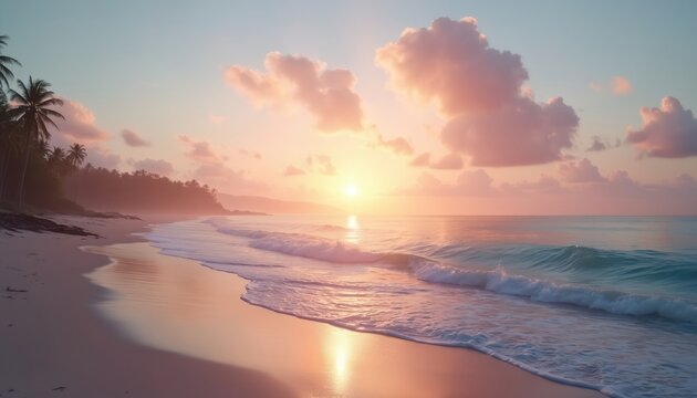 Sea beach at sunrise or sunset with calm waves and pastel colored clouds, sky, water. Palm trees on coast, sandy shore with ocean view. Tranquil seaside landscape for relaxation and vacation.