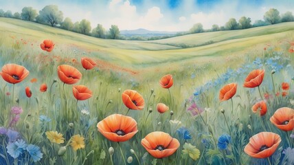 Vibrant abstract landscape painting depicting lush meadows filled with red poppies and colorful wildflowers beneath a blue sky