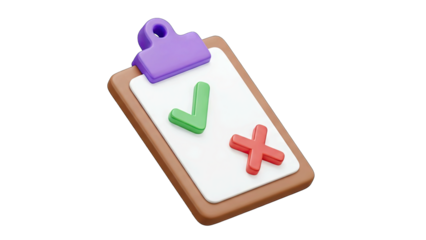 3D Clipboard with Green Check Mark and Red Cross Isolated on Transparent Background Symbolizing Approval and Rejection Decision Making