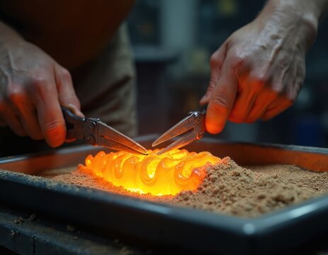 Skilled hands shape hot molten glass with pliers. Bright orange glowing material forms intricate art object. Craftsman works carefully with sand to create unique custom design in studio. Manual labor