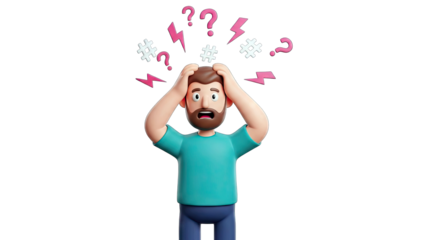 3D Cartoon Man In Teal Shirt Clutching Head In Frustration With Exclamation Symbols And Lightning Bolts Above 