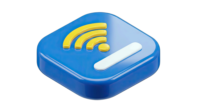 3D Icon of a Blue Square with a Yellow Wifi Signal Symbol and a White Bar on a Transparent Background Representing Wireless Internet Connectivity and Network Access - Powered by Adobe
