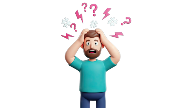 3D Cartoon Man In Teal Shirt Clutching Head In Frustration With Exclamation Symbols And Lightning Bolts Above 
