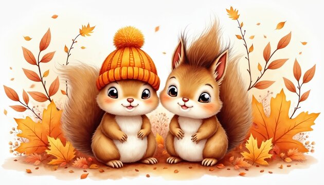Cute squirrels with orange hat and autumn leaves. Watercolor art illustration of two adorable animals in fall season. Nature wildlife scene, cute forest friends together in cool weather.