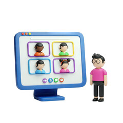 3D Character Standing Next To A Computer Screen Displaying A Video Conference With Four Diverse People Online Learning Education Concept