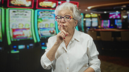 Senior woman finger to lips for silence beside slot machines inside a casino building; mischief secrecy.