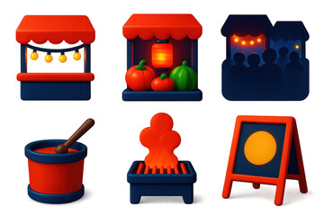 Night Market Icons. 3D icon set of night market atmosphere: string lights over stall, lantern glow on produce, silhouette crowd