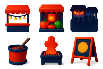 Night Market Icons. 3D icon set of night market atmosphere: string lights over stall, lantern glow on produce, silhouette crowd