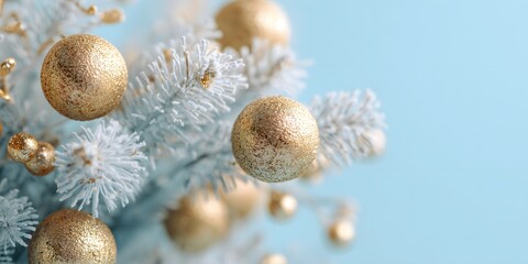 Winter decoration with golden ornaments on a frosty branch set against a blue background in a festive scene