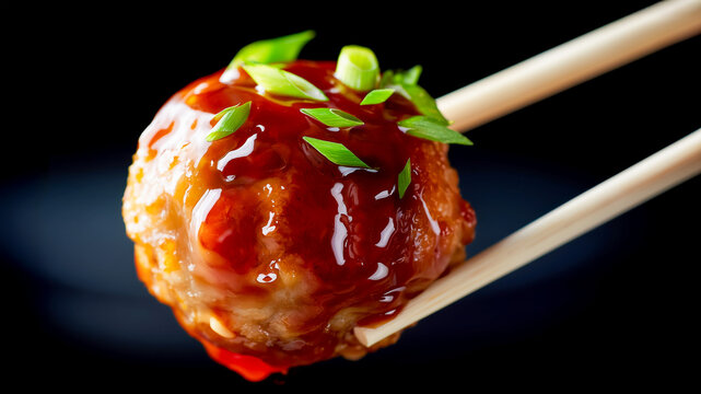 Teriyaki Chicken Meatball held by Chopsticks