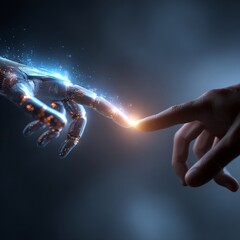 A Futuristic Interaction Between a Human Hand and a Robotic Hand Symbolizing Unity and Technology in the Digital Age