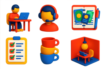 Lean Operations Icon Set. 3D icon set of lean operations tools: one-person desk setup, solo phone support icon, handwritten