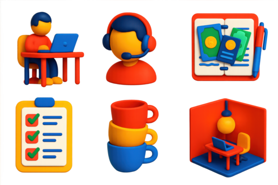 Lean Operations Icon Set. 3D icon set of lean operations tools: one-person desk setup, solo phone support icon, handwritten