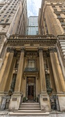 neoclassical. Grand neoclassical architecture with detailed pillars and staircase, embodying timeless elegance and design. real-estate listings.