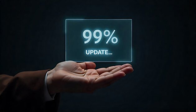 99% Update Interface Above Hand – Futuristic Tech Visual for Digital Innovation and Software Progress