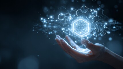 Exploring the Intersection of Technology and Imagination with a Hand Holding Digital Hexagonal Patterns