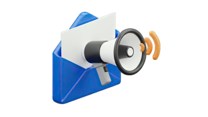 3D Illustration of a Blue Envelope Opening to Reveal a Megaphone Emitting Sound Waves Against a Transparent Background Signaling a Notification or Announcement