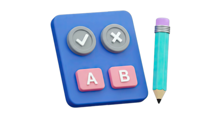 3D Illustration Of A Blue Quiz Board With Check Mark And Cross Symbols And A B Options Next To A Teal Pencil Against A Transparent Background