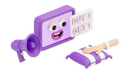 Whimsical Purple 3D Character Announcing Buy One Get One Offer with Megaphone and Pillow on Transparent Background