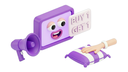 Whimsical Purple 3D Character Announcing Buy One Get One Offer with Megaphone and Pillow on Transparent Background