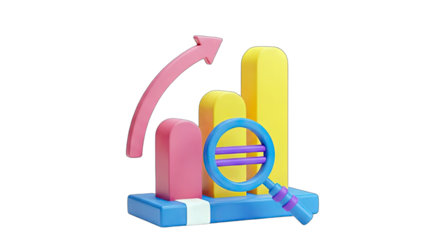 3D illustration of a financial growth chart with a magnifying glass and upward arrow on a transparent background symbolizing analysis and progress