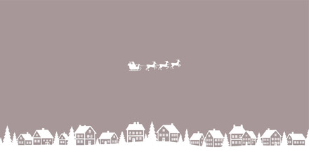 Santa Claus and reindeer flying above a festive winter village in a monochromatic design for seasonal greeting art © khafid