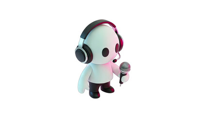 White Cartoon Character Holding Microphone and Wearing Headphones with Pink and Blue Neon Lighting Against a Transparent Background