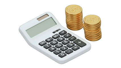 White Calculator and Stacked Gold Coins on Transparent Background Representing Financial Calculations and Wealth Accumulation