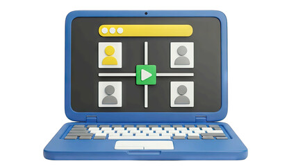 3D Laptop Displaying Video Conferencing Interface With User Profiles and Play Button On Transparent Background