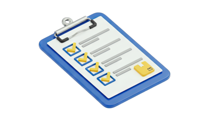 3D Isometric Rendering of a Blue Clipboard with a Checklist and Yellow Icons on a Transparent Background