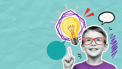 A cheerful boy with red glasses pointing upwards, having a bright idea or a eureka moment, illustrated with a lightbulb and a speech bubble concept art.