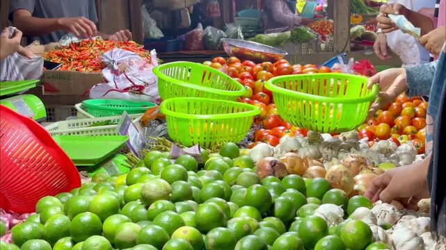 Bontang, Indonesia - February 01, 2025: a bustling scene at Bontang traditional market, where buyers and sellers engage in transactions at Pasar Seng (traditional market). Various fresh produce