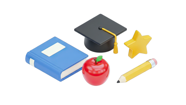 3D Isometric Illustration of Educational Symbols Including a Blue Book Graduation Cap Yellow Pencil and Red Apple on a Transparent Background - Powered by Adobe