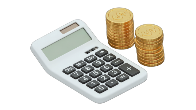 White Calculator and Stacked Gold Coins on Transparent Background Representing Financial Calculations and Wealth Accumulation