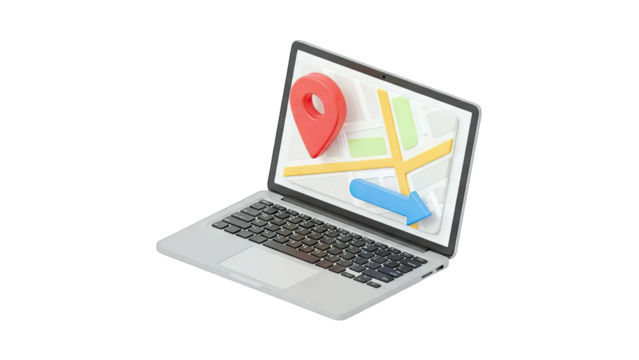 3D Laptop Displaying Digital Map With Red Location Pin and Navigation Arrow on Transparent Background Ideal for Technology and Travel Concepts