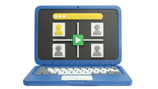 3D Laptop Displaying Video Conferencing Interface With User Profiles and Play Button On Transparent Background