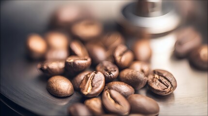 stimulant. Freshly roasted coffee beans scattered on modern machine, warm tones and shallow focus. bar promotions, beverage menus, designed for food & beverage menus and cafe branding, used by chefs.