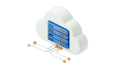 White Cloud Icon Symbolizing Digital Data Storage and Network Connection with Blue Server Racks Isolated on a Clean White Background